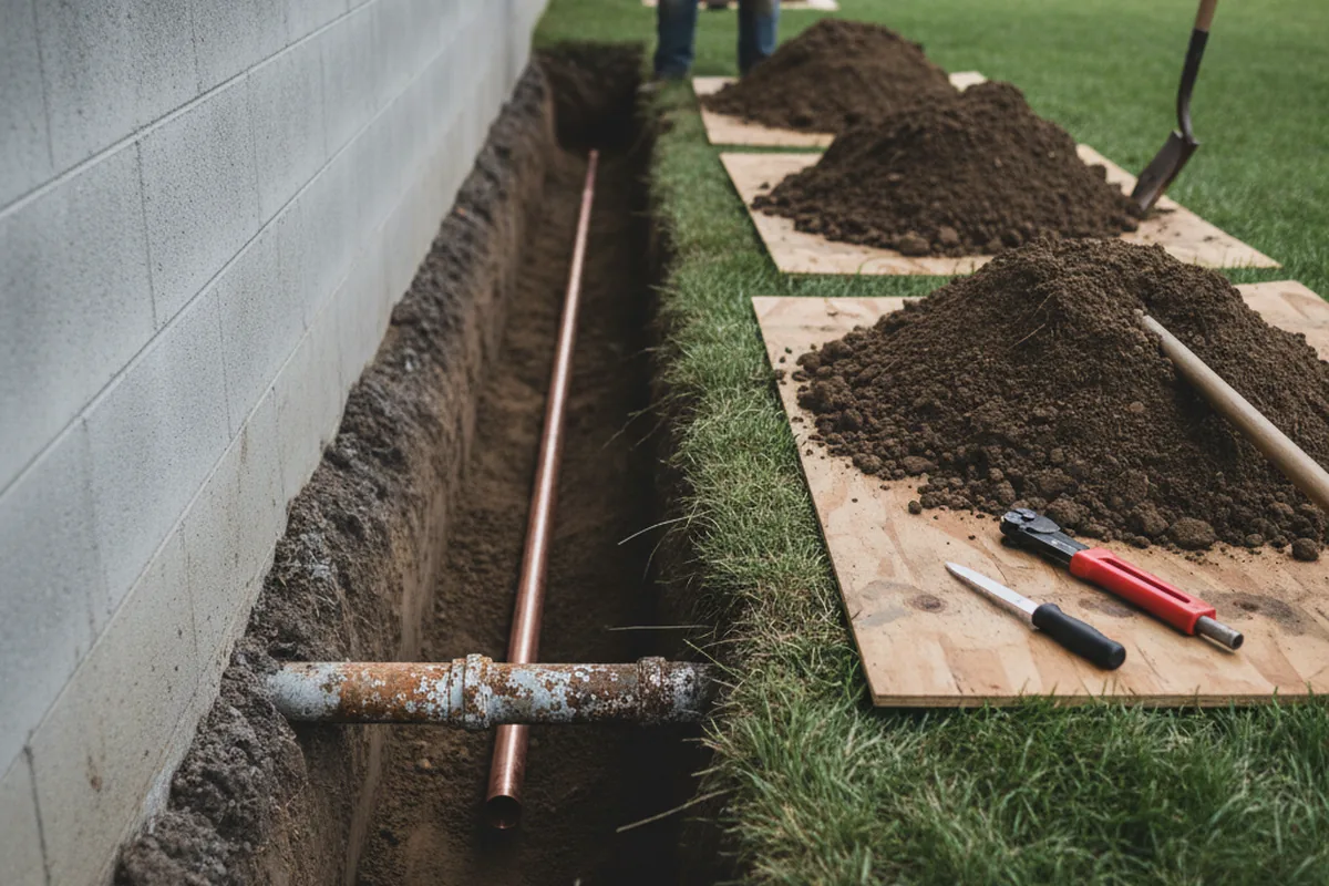Excavated water line trench during Water Heater Repair in Hewlett